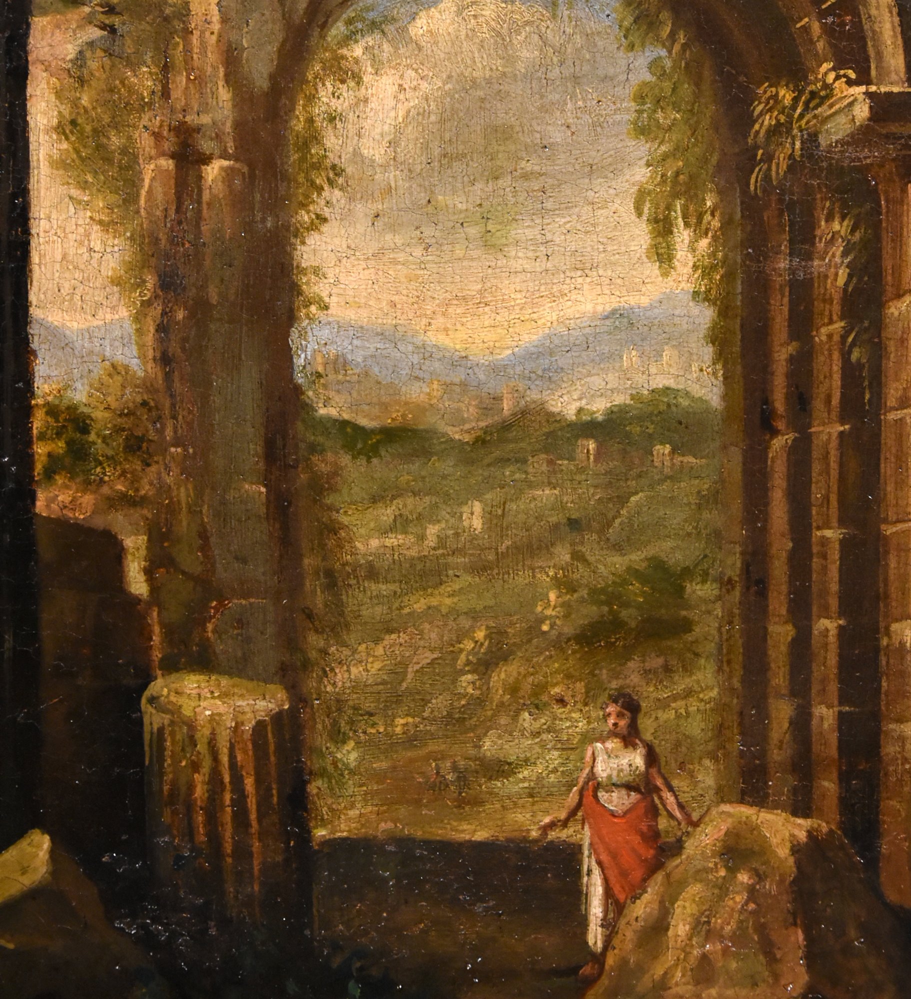 Nicolò Codazzi (Napoli, 1642 - Genova, 1693) seguace di Coppia di capricci  architettonici fantastici con rovine classiche e figure Antique paintings